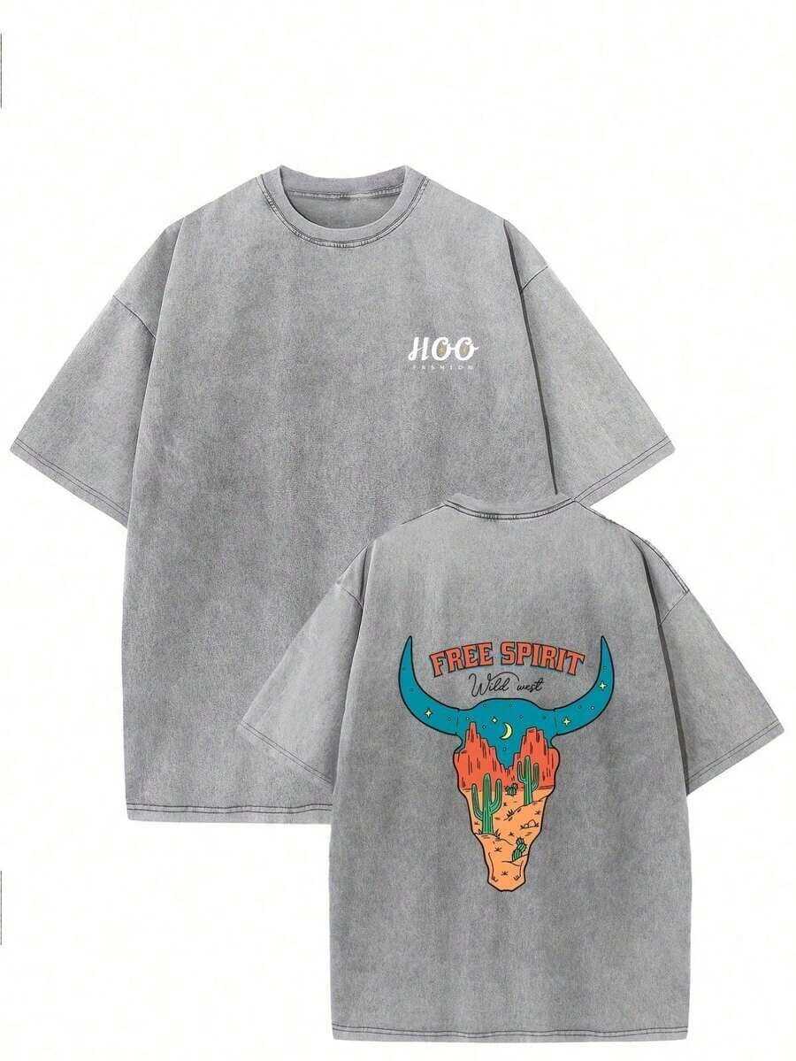 Vintage Streetwear Oversized Drop Shoulder T-Shirt - Soft Cotton, Relaxed Fit, Acid Wash, Unisex Design, Baggy Hip Hop Style, Free Spirit Print - Perfect For Casual Outings Fashion Design Soft Fabric Loose Fit Unisex Retro Street Style - 灰色 - 查看 1