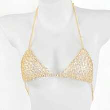 1 件水钻几何镂空文胸和丁字裤带身体链套装，欧美珠宝时尚胸链身体链性感流苏水钻比基尼胸链音乐节闪亮身体链， - 彩色 - 查看 7