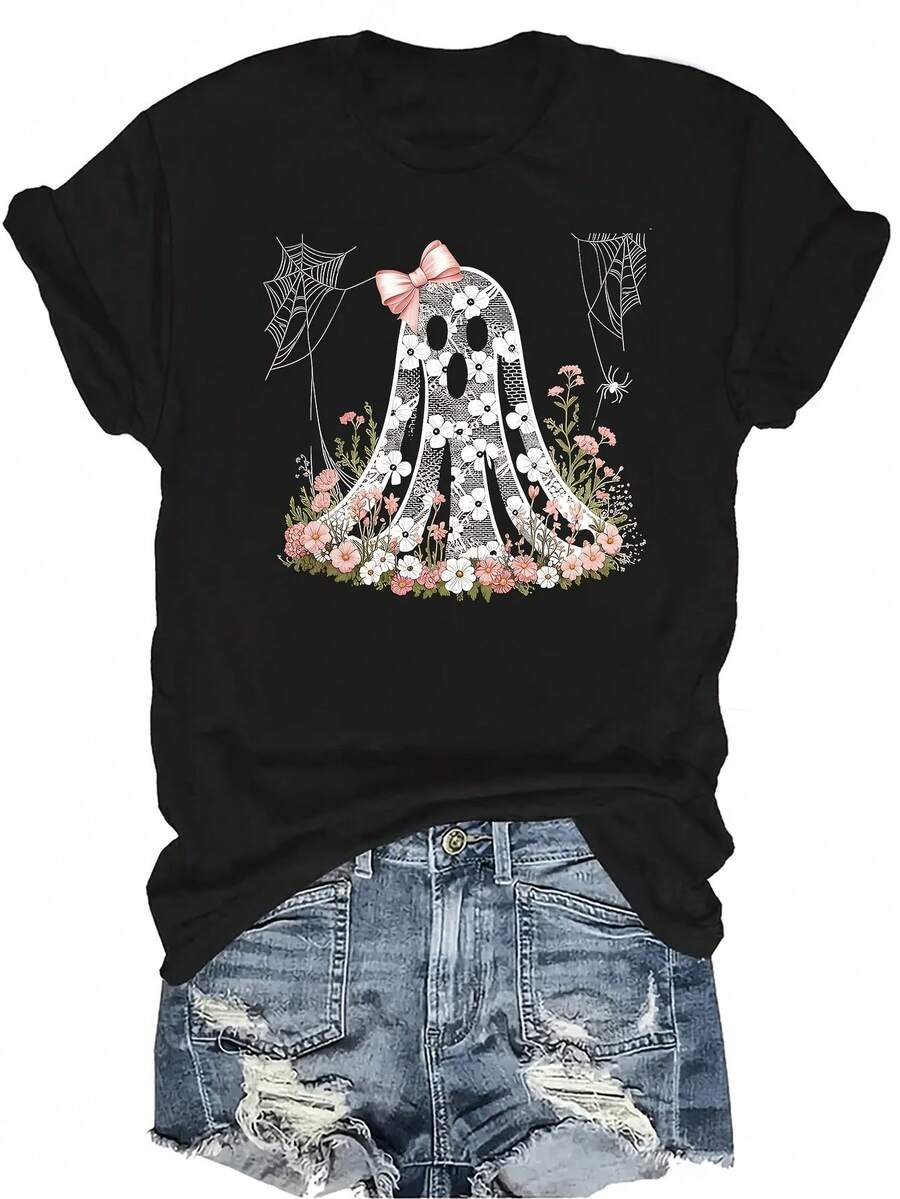 [Camiseta de moda casual] Camiseta suave y cómoda para mujer - Parte superior de manga corta de cuello redondo con estampado de encaje floral fantasma, regalo perfecto para la abuela y la mamá, uso casual de primavera y verano - Negro - Ver 1