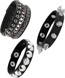 Eigso 3 Pcs Leather Punk Bracelets Men Women Of Rock Rivet Wrap Retro Spike Bracelet Adjustable - 黑色 - 5 - 查看 12