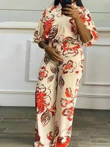2pcs/Set Plus Size Women Random Print Top And Pants Set - Khaki - View 3
