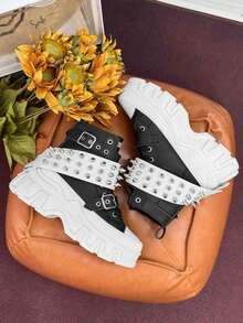 SLnU3 SLNU★3 Fashion Casual Thick Sole Elevated Punk Style Double Row Cone Decor Unisex Boots, Suitable For Outdoor, Party, Street, Campus, All Seasons - White Cones - View 4