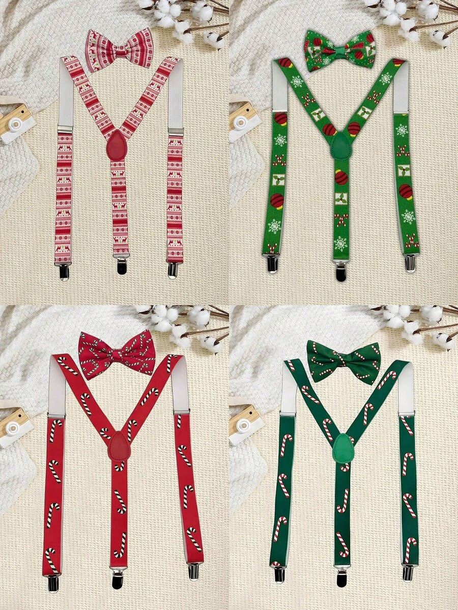 1set Men's Christmas Suspender & Bow Tie Set, Santa Ball, Reindeer, Candy Print Suspender & Bow Tie Set - Multicolor - View 1