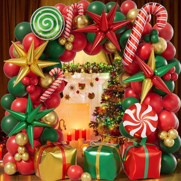 171Pcs Christmas Balloon Arch Kit - Holiday Red, Green, Gold Balloons, Candy Gift Box Balloons, Explosion Star Foil Balloons For Xmas Party Decor, Christmas Decorations