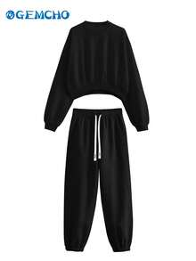 GEMCHO 2 Stücke/Set Fester Schulterausschnitt Crop Pullover & Sweathose, Damen Zweiteiler, Herbstkleidung