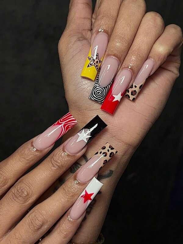 24 Pcs Of Long Square Acrylic Press On Nails For Cool Hot Girls Sexy Leopard Print Five-Pointed Star Stripes French Edge Autumn And Winter Nails Brown Coffee Color Gradient High-End Red Star Y2K Punk Style Party, Gift Giving Portable Fake Nails With Jelly Glue 1 Piece Of Rubbed Strips