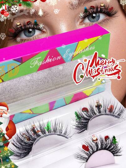1 Par de Cílios Postiços 3D Fofos com Glitter Miniatura de Árvore de Natal, Floco de Neve, Chapéu de Papai Noel, Reutilizáveis, Coloridos e Naturais Sem Odor, Adequados para Maquiagem de Feriados