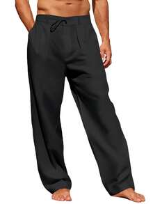 Men's Elastic Waist Beach Joggers Linen Cotton Drawstring Closure Lightweight Loose Style Yoga Ready - 黑色 - 查看 4