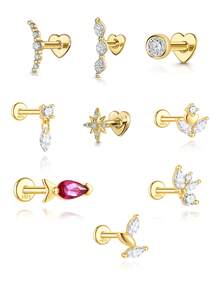 1 件 925 纯银星形不对称榄尖形心形平背软骨耳轮穿孔精美珠宝适合日常佩戴婚礼派对订婚周年纪念情人节 - 金色 - 查看 12