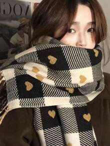 1pc Women's Autumn/Winter Heart-Shaped Scarf, Plaid Warm Scarf/Shawl, Thick Oversized Blanket Scarf, Suitable As Gift For Dress - Multicolor - View 10