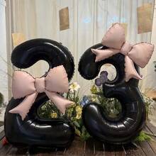 2pcs/Set 40-Inch Black Number Shaped Foil Balloons With Pink Matte Bow Decor, Suitable For Birthday Party, Wedding, Outdoor Event, Anniversary, Holiday, Thanksgiving, Harvest Season, Valentine's Day, Christmas, Party Celebration Atmosphere And Backdrop Decoration - Black - View 3