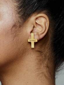 1 Pair Elegant Gold Cross Earrings, Stud Symbol Earrings, Gold Iconic Earrings, Everyday Jewelry, Original Design Earrings, Customized Jewelry For Opposite Designs, Personalized Name Customization Earrings, Opposite Styles, Rectangular, Abstract Design Styles. - Style 1 - View 3