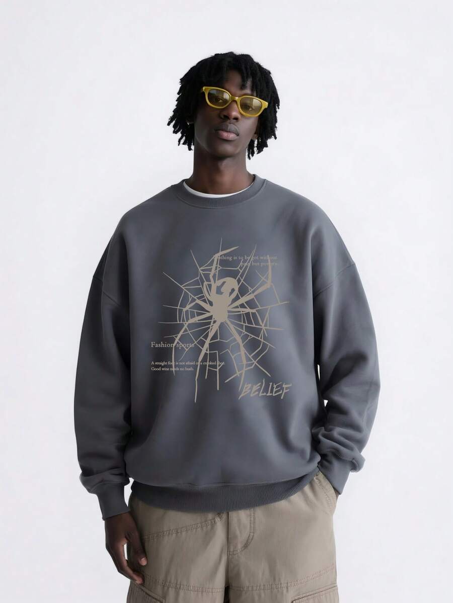 Men Spider Web & Letter Graphic Drop Shoulder Sweatshirt Without Tee, For Halloween - Dark Grey - View 1