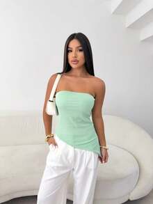 Women's Asymetrical Ribbed Dress - With Pads - Side Slit Simple Casual Backless Asymmetrical Split Evening - 糖果綠 - 查看 1