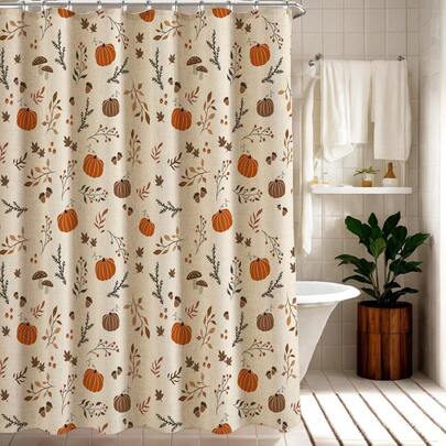 1PCS Autumn Harvest Thanksgiving Shower Curtain, Autumn Leaves Fruits Pumpkins Bathroom Curtain Polyester Home Bathtub Curtain Water-Resistant Bathroom Xmas Decor, Multiple Sizes