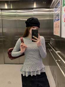 Women's Sweet Style White Polka Dot Long Sleeve T-Shirt, Ruffled Hem Slim Fit Layering Top, Lightweight Autumn Wear Spring Vacation - Dark Grey - View 4