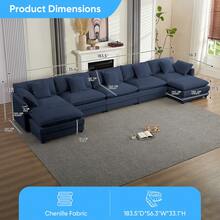 Puremind Modern 183.5'' U-Shaped Modular Sectional Sofa With 2 Ottomans,7-Seat Cloud Couch, Modern Chenille Sofa Sleeper Deep Seat Couches - 藏蓝色 - 查看 2