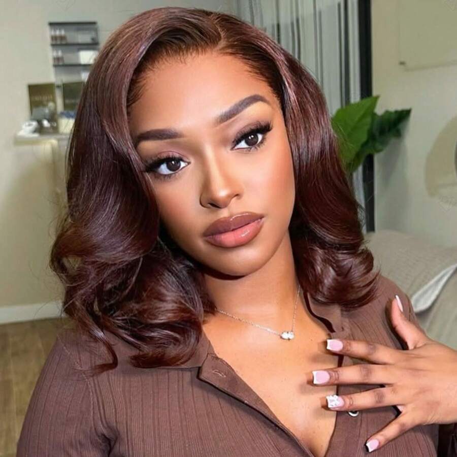 ownvmor Chocolate Brown Bob Wig Human Hair 180% Density 13x4 HD Transparent Lace Front Body Wave Wigs Human Hair Pre Plucked Short Bob Glueless Wigs Human Hair For Women 10 Inch - 咖啡棕 - 查看 1