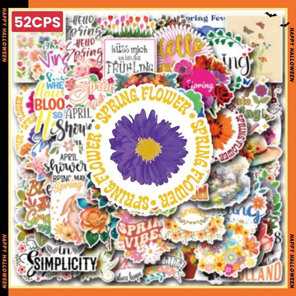 52 piezas Flor de primavera - Pegatinas brillantes, Feliz Navidad, Pegatinas decorativas para regalos festivos y ambiente festivo, Patrones exquisitos en miniatura, de un solo uso, formas asimétricas, diseños de dibujos animados, adecuados para madera, plástico, vidrio, metal, cerámica, autoadhesivos, aplicables a álbumes de fotos, diarios, tazas, portátiles, teléfonos, scrapbooks