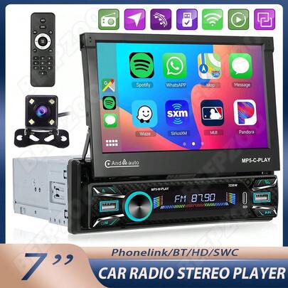 Bluetooth Car Radios Wireless - Flip Out Car Radio Mirror Link For Apple Carplay Android Auto Car Stereo Single Din Head Unit Car Audio 7" Screen GPS BT With Remoter