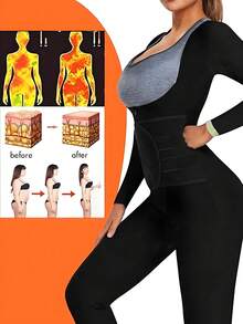 3in1 Sauna Sweat Suit Sports Waist Trainer For Women Tummy Control, Full Body Long Sleeve Shapewear Pants Waistband Leggings Corset BodySuit Jumpsuit Workout Women Sets