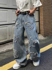 Justice Brother 1pc Korean Style Niche Fashion Personalized Patchwork Embroidery Men's Denim Jeans Casual Loose Wide Leg Long Pants (Belt/Accessories Not Included) - Blue - View 8