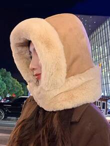 1pc Faux Suede Fleece Balaclava Hat, Winter Neck Warmer Windproof Ski Mask Earflap Cap For Women