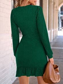 Women's Fall Ruched Bodycon Mini Dress Long Puff Sleeve Ruffle Fitted Cocktail Party Dresses - Green - View 2