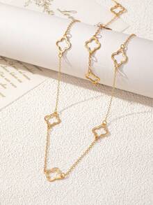 1 Set Fashionable European & American Style Glossy Hollow Clover Bracelet & Necklace Jewelry Set For Women