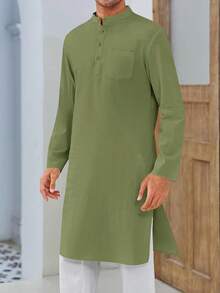 Mens Kaftan Robe Button Down Long Sleeve Henley Cotton Thobe Casual Side Split Gown Shirthalloween - 軍綠色 - 查看 11