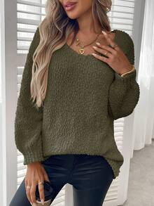 Plus Size Solid Color Crew Neck Casual Long Sleeve Knit Sweater Vacation - Army Green - View 3