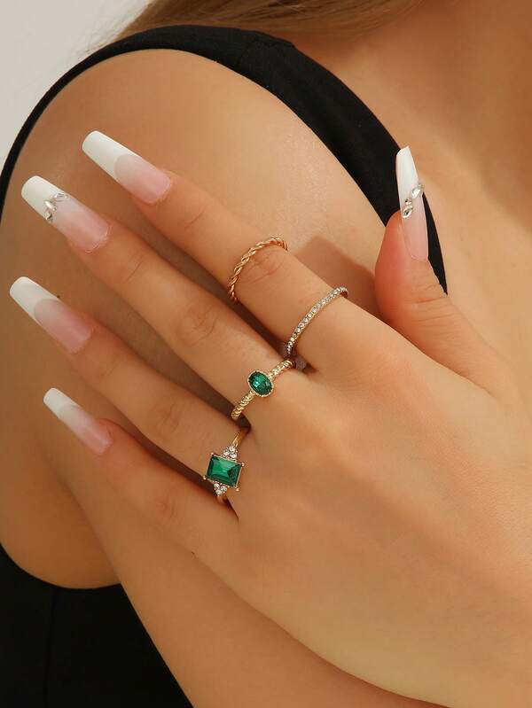 Set de 4 anillos elegantes con microincrustraciones de esmeralda y rhinestone, adecuados para damas elegantes para uso diario y ocasiones de boda, regalo de joyería