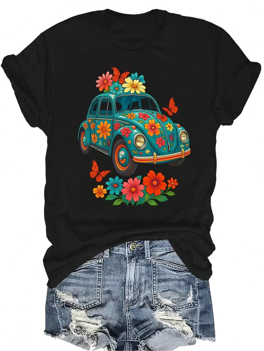 [Camiseta de Moda Casual] Camiseta de mujer suave y cómoda - Parte superior de manga corta de cuello redondo con estampado casual de coche con flores, regalo perfecto para la abuela y la mamá, uso casual de primavera y verano - Negro - Ver 1