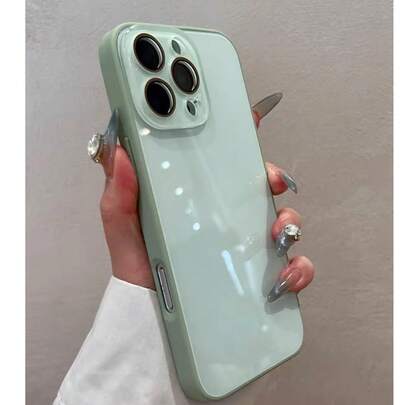 防震纯色素面材质时尚手机壳 马卡龙玻璃裸机纹理直边带镜头膜手机壳 兼容 16 Pro Max、13、新款 14 Pro、16、15 Pro Max、11/12 全包保护 春季粉彩礼品