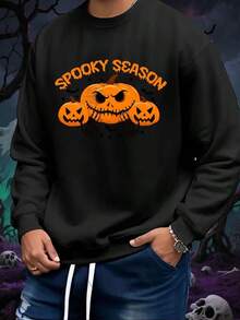 Men'S Halloween Pumpkin Jack-O'-Lantern Skull Graphic Sweatshirt - Spooky Season Print, Soft Breathable Polyester Loose Fit Pullover For Streetwear, Gym & Casual Outfits - Black With Orange Halloween Design, Halloween Clothes,Fall Hoodies,Men's Fall Clothes,Street Wear,Halloween,Mens Hoodies,Y2k Clothes,Jesus Hoodie,Thanksgiving Day,Nightmare Before Christmas,Christmas - Black - View 1