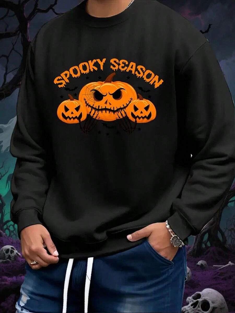 Men'S Halloween Pumpkin Jack-O'-Lantern Skull Graphic Sweatshirt - Spooky Season Print, Soft Breathable Polyester Loose Fit Pullover For Streetwear, Gym & Casual Outfits - Black With Orange Halloween Design, Halloween Clothes,Fall Hoodies,Men's Fall Clothes,Street Wear,Halloween,Mens Hoodies,Y2k Clothes,Jesus Hoodie,Thanksgiving Day,Nightmare Before Christmas,Christmas - Black - View 1