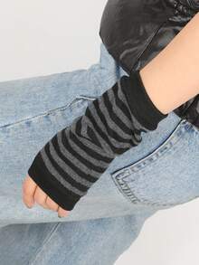 1 par de guantes sin dedos tejidos con calentadores de brazos a rayas, diseño con agujero para el pulgar, regalos para hombres y mujeres