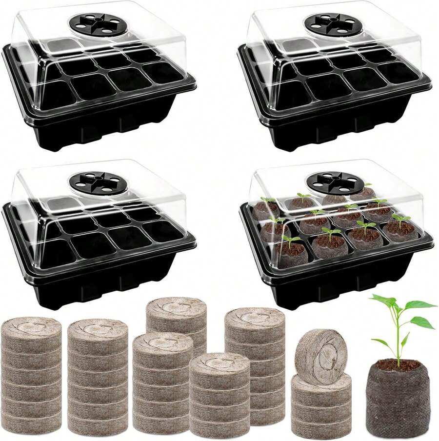 4/8 Pack Seed Starter Tray With 50/100 PCS Peat Pellets, 48/96 Cells Black Plant Germination Trays For Organic Seed Starter Soil Pods For Planting Vegetables Plants Flowers Herbs - Starting Seeds Kit - 黑色育苗盒子4個裝 - 查看 1