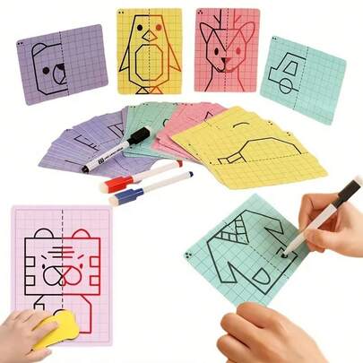 Kids Symmetry Drawing Practice Cards, Reusable Wipe-Clean Grid Flashcards For Preschool Art & Fine Motor Skills