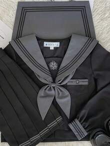 クール 制服セット ゴシック風 コスチューム コスプレ衣装 セーラー襟 プリーツスカート 金魚の結び 黒 JK制服 上下セット 仮装 変装 可愛い 学生服 アニメ cosplay 卒業式 学園祭 - 長袖 - チェックする 2