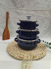 3件套搪瓷炊具套装，加厚双耳搪瓷烹饪锅，适用于燃气和电磁炉，包括带盖汤锅，搪瓷炖锅，搪瓷碗