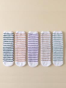 5 Pairs Of New Autumn And Winter Coral Fleece Socks, Non-Pilling, Warm Color Stripes, Anti-Slip Silicone, Thickened Floor Socks, Sleeping Socks
