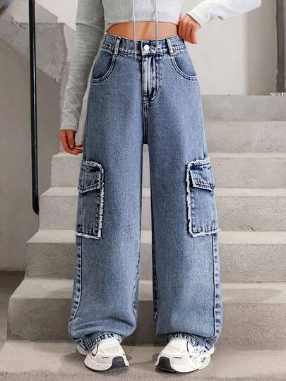 1pc Girls' Vintage Denim Cargo Pocket Design Loose Fit Straight Leg Jeans, Streetwear Fashion