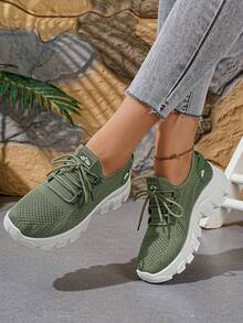 "Export Platform Round Toe Slip-On Sports Shoes Women 2025 Summer Large Size Breathable Running Shoes Soft Sole Casual Lace-Up Lightweight Women" - Green - View 4