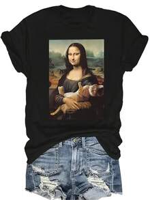 [Camiseta de Moda Casual] Camiseta suave y cómoda para mujer - Estampado de arte de Mona Lisa Gato, manga corta, cuello redondo, uso casual perfecto para regalar a la abuela y la mamá, ropa casual de primavera y verano - Negro - Ver 1