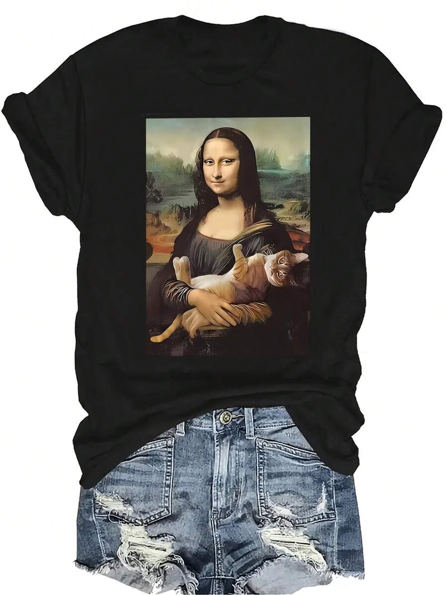 [Camiseta de Moda Casual] Camiseta suave y cómoda para mujer - Estampado de arte de Mona Lisa Gato, manga corta, cuello redondo, uso casual perfecto para regalar a la abuela y la mamá, ropa casual de primavera y verano - Negro - Ver 1