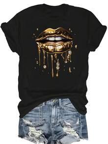 [Camiseta de Moda Casual] Camiseta de Mujer Suave y Cómoda - Camiseta de Manga Corta de Cuello Redondo con Estampado de Labios Dorados, Regalo Perfecto para Abuela y Mamá, Uso Casual de Primavera y Verano - Negro - Ver 1