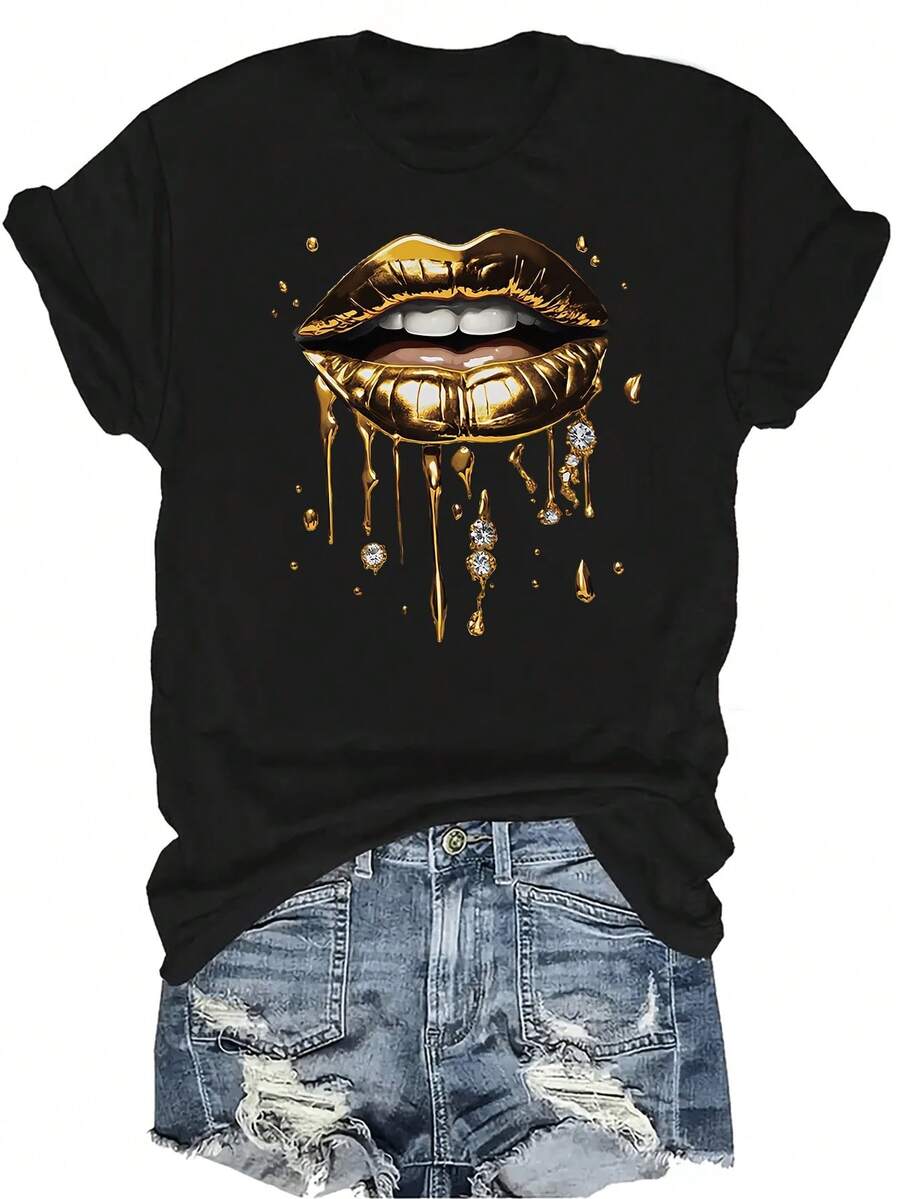 [Camiseta de Moda Casual] Camiseta de Mujer Suave y Cómoda - Camiseta de Manga Corta de Cuello Redondo con Estampado de Labios Dorados, Regalo Perfecto para Abuela y Mamá, Uso Casual de Primavera y Verano - Negro - Ver 1