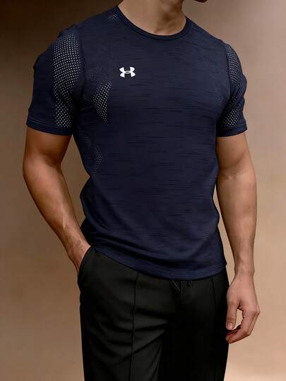 Under Armour Unisex Sports T-Shirts, Sweat-Wicking, Quick-Drying, Breathable Sports Short-Sleeved Dark Blue Round Neck Slim-Fit Football Knitted Short-Sleeved Solid Color Simple Casual T-Shirt 25500518-013