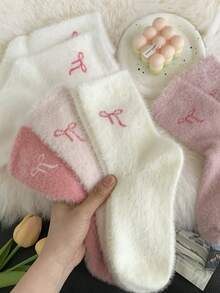 1/5 Pairs Women Autumn/Winter Fashion Versatile Socks, Bow Decor Mid-Calf Socks, Suitable For Home, Outdoor, Sleeping, Warm